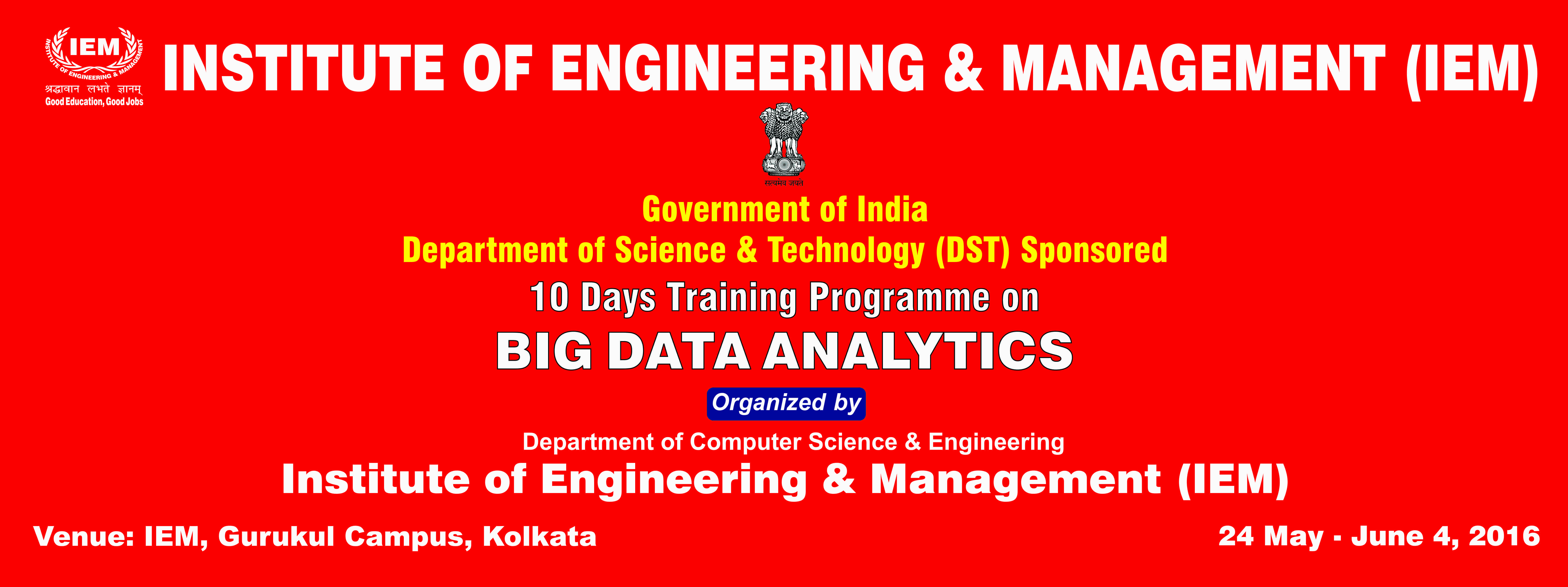DST (Govt. of India) sponsored 10-Day Training Programme on Big Data organized by CSE, IEM
