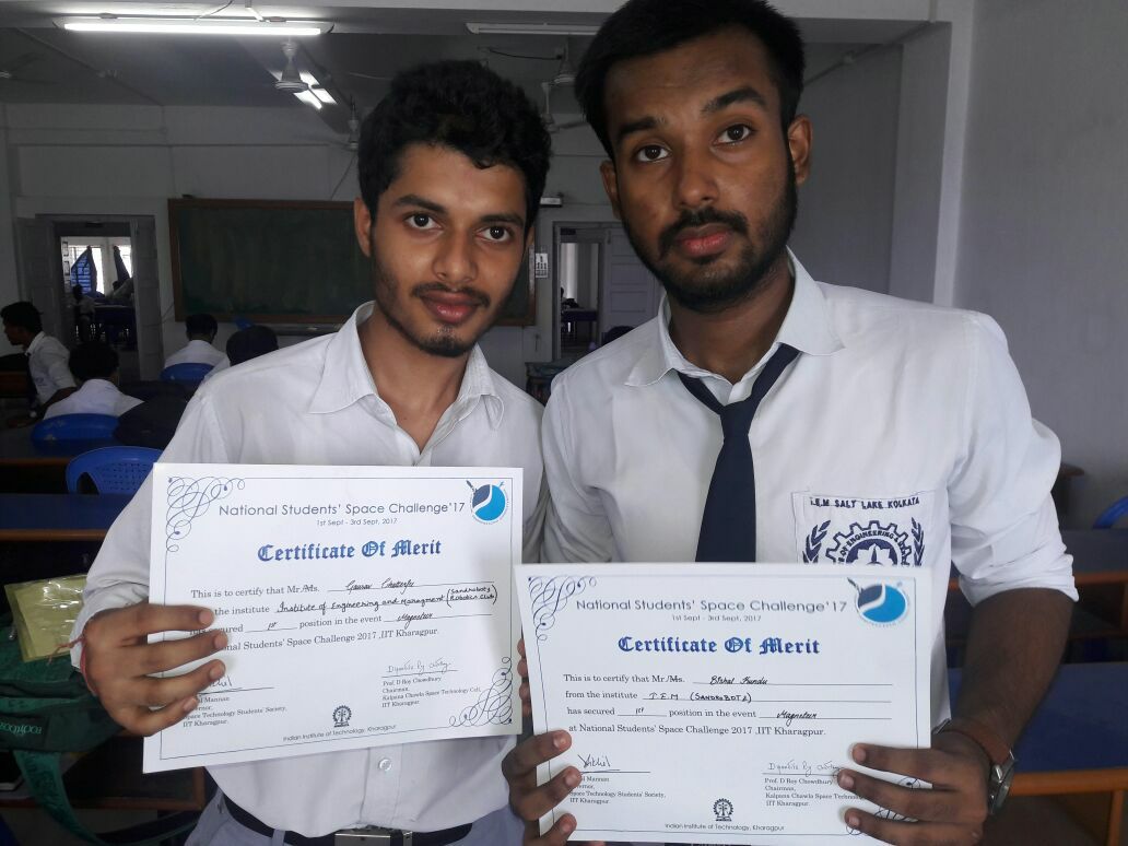 Gourav Chatterjee, 3rd year, Electrical and Bishal Kundu, 3rd year, ECE Students of Institute of Engineering & Management (IEM), Kolkata are the winners of robotics event magneteer at National Students Space Challenge at IIT kharagpur.......team name(Sandrobotz robotics club)