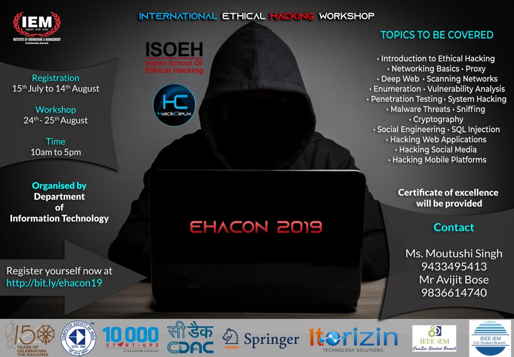 Upcoming Workshop on Ethical Hacking on 24th & 25th August 2019 in association with ISOEH and Hackcieux