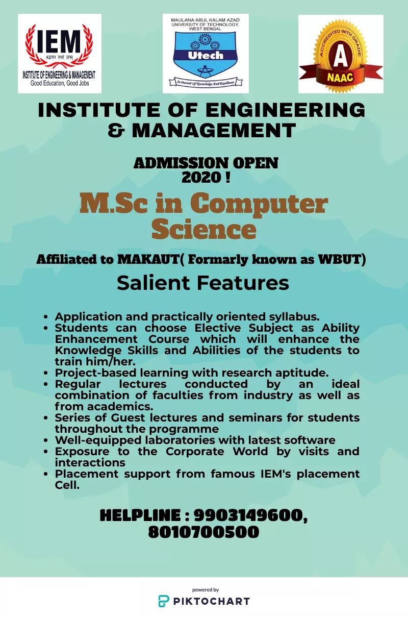 Admission open in BCA and M.Sc ( Computer Science) of IEM Kolkata for 2020 session