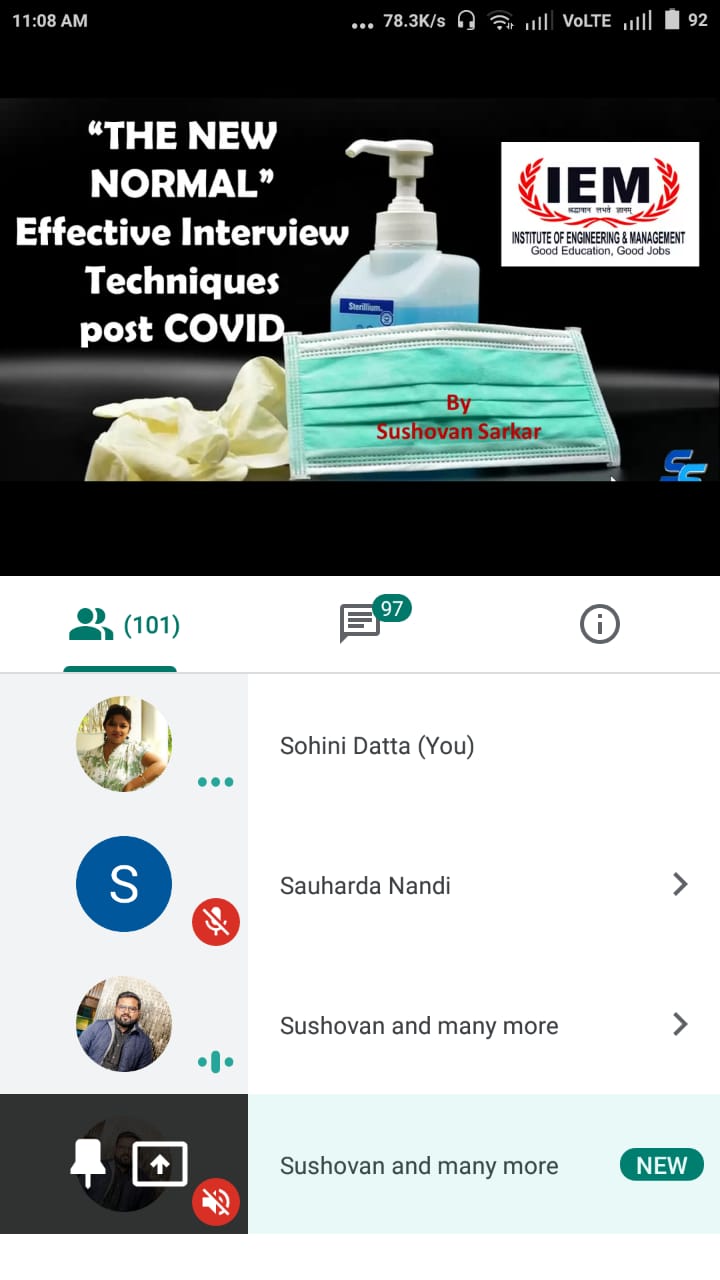 Today Management students of IEM Kolkata experienced a very interactive & engaging Webinar on “The New Normal”: Effective Interview Techniques post Covid-19 world