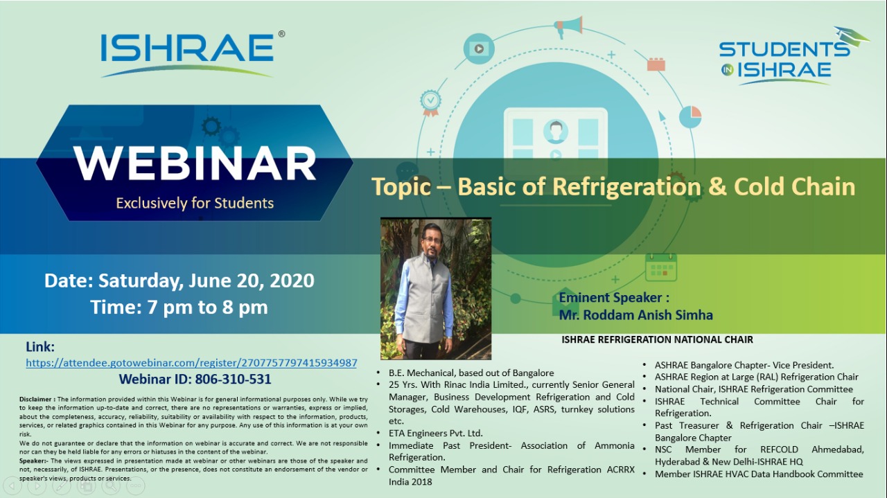 ISHRAE webinar on 20th June 2020 from 7pm to 8pm