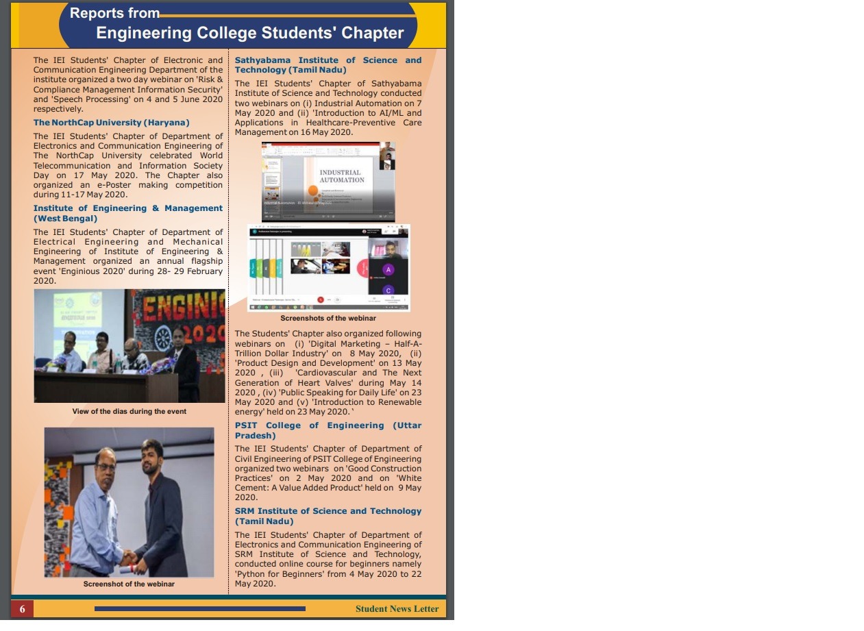 Enginious under the banner of IEI-IEM Electrical & Mechanical students’ chapter has been published in IEI newsletter