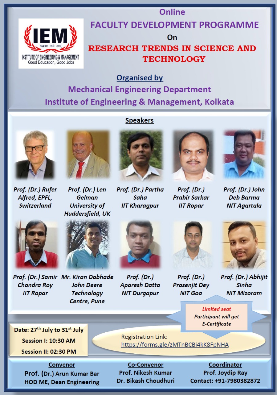 Online FDP on “Research Trends in Science and Technology” organised by ME department, IEM Kolkata