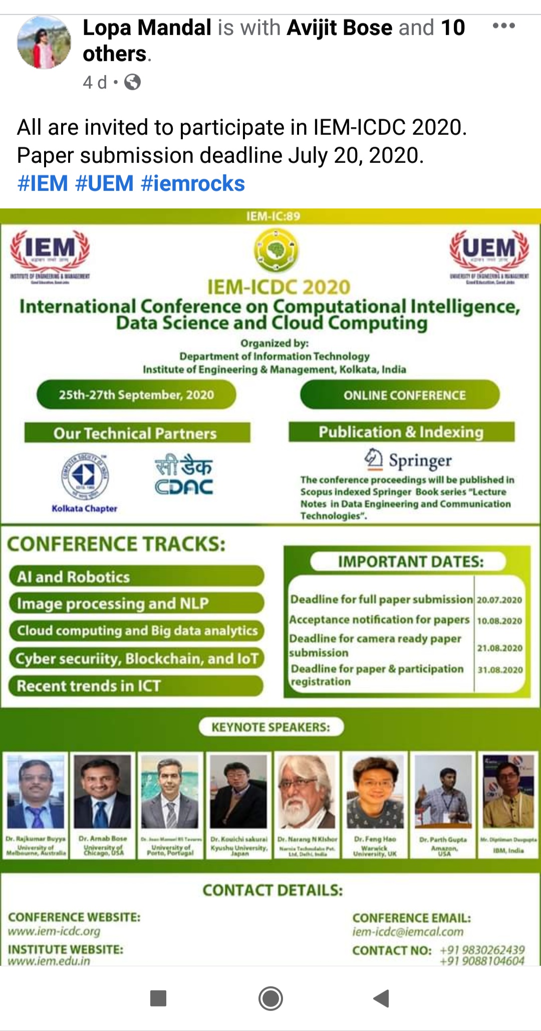 Prof. Lopa Mandal, IEM Kolkata shares about the upcoming International Conference on Computational Intelligence, Data Science & Cloud Computing from 25th to 27th September 2020
