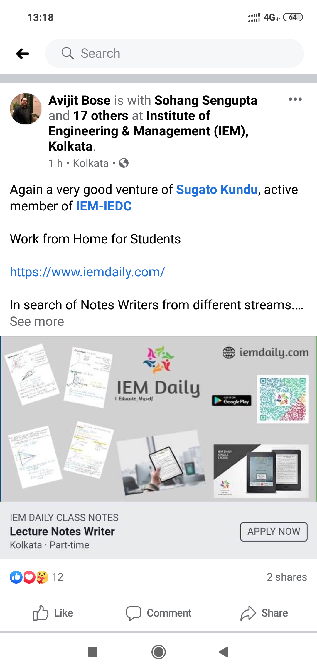 Prof. Avijit Bose, IEM Kolkata congratulate a very good venture of Sugato Kundu, active member of IEM-IEDC