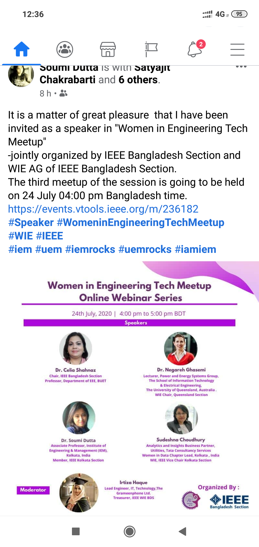 Dr. Soumi Dutta, assistant professor of IEM Kolkata have been invited as a speaker in "Women in Engineering Tech Meetup"