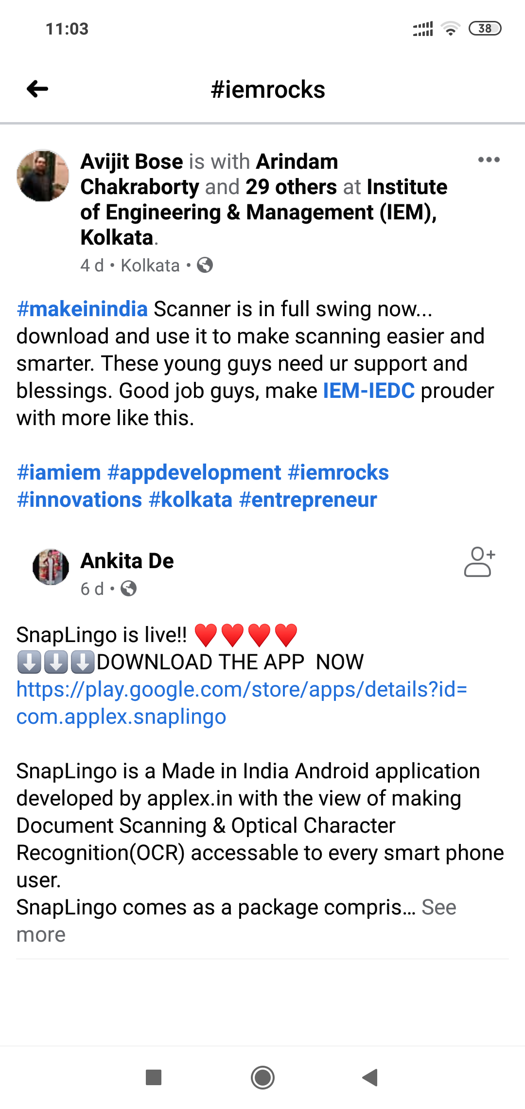 Prof. Avijit Bose of IEM Kolkata congratulated IEM-IEDC members for developing SnapLingo, makeinindia scanner