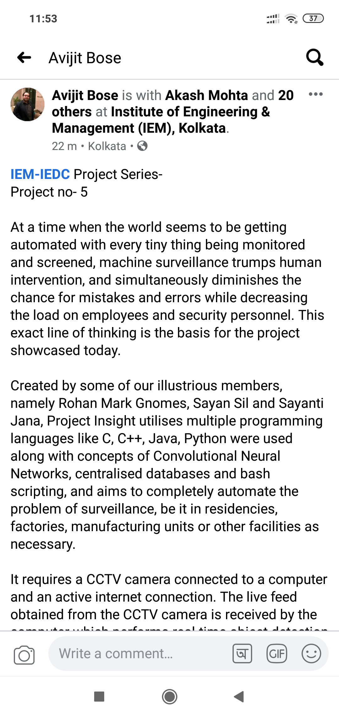Prof. Avijit Bose of Institute of Engineering & Management (IEM), Kolkata shared the IEM-IEDC Project No. 5