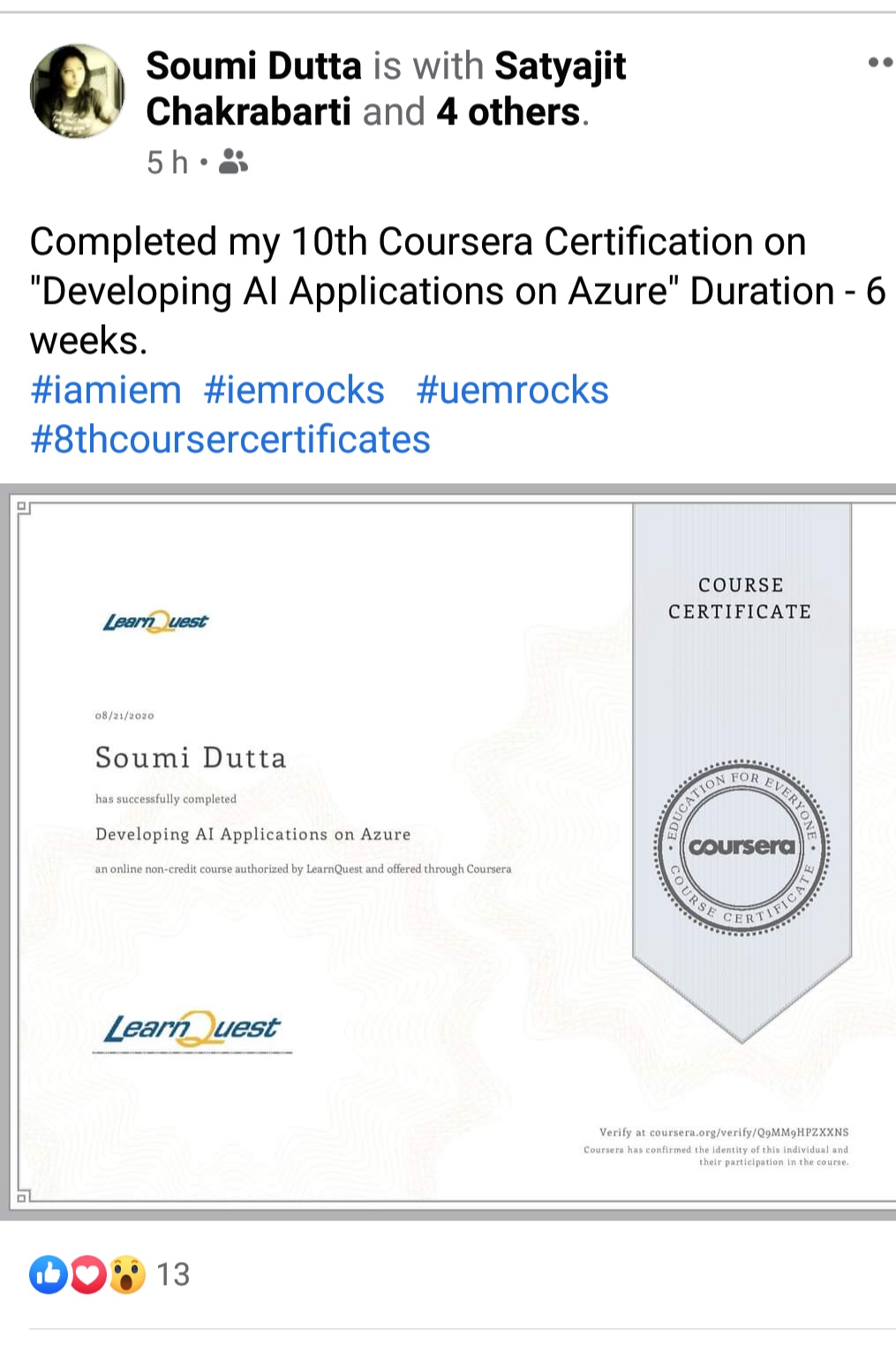 Congratulations to Prof. Dr. Soumi Dutta, IEM Kolkata for her 10th foreign certificate from IEM's Coursera account