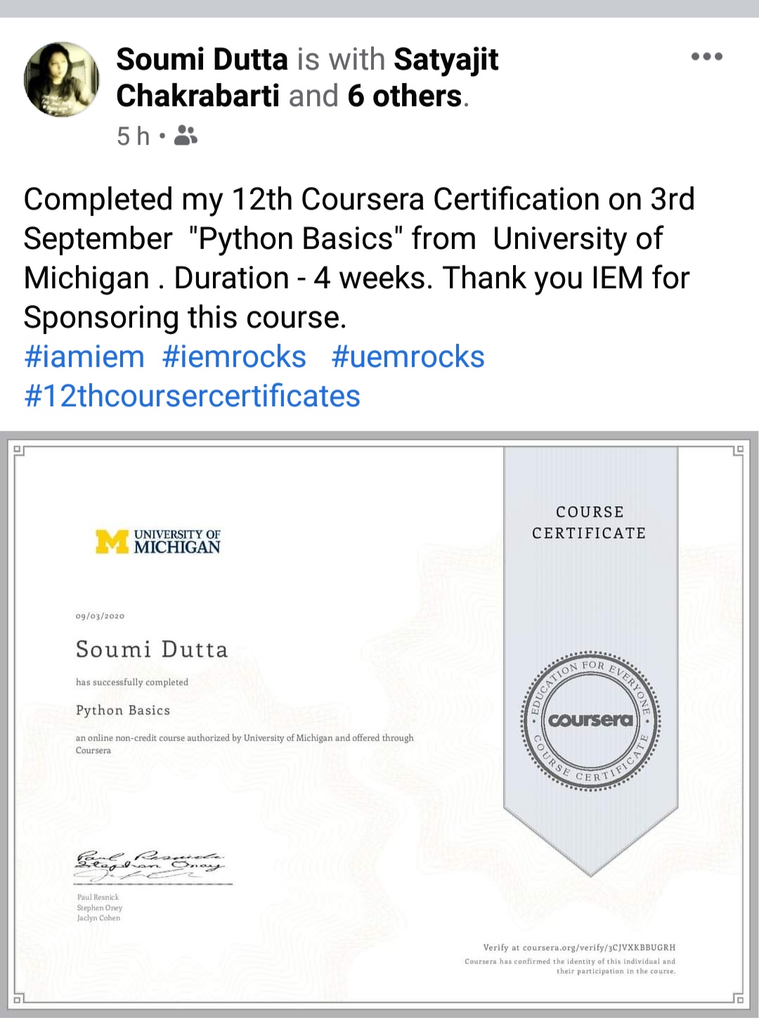 Congratulations.. to Prof. Dr. Soumi Dutta, IEM Kolkata for completing 12th Coursera Certification, exclusively sponsored by IEM