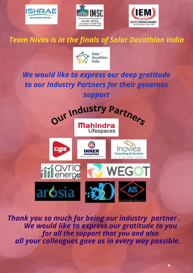 Team NIVAS of IEM created history for Institute by advancing as Finalist in Solar Decathlon India Net zero design challenge.