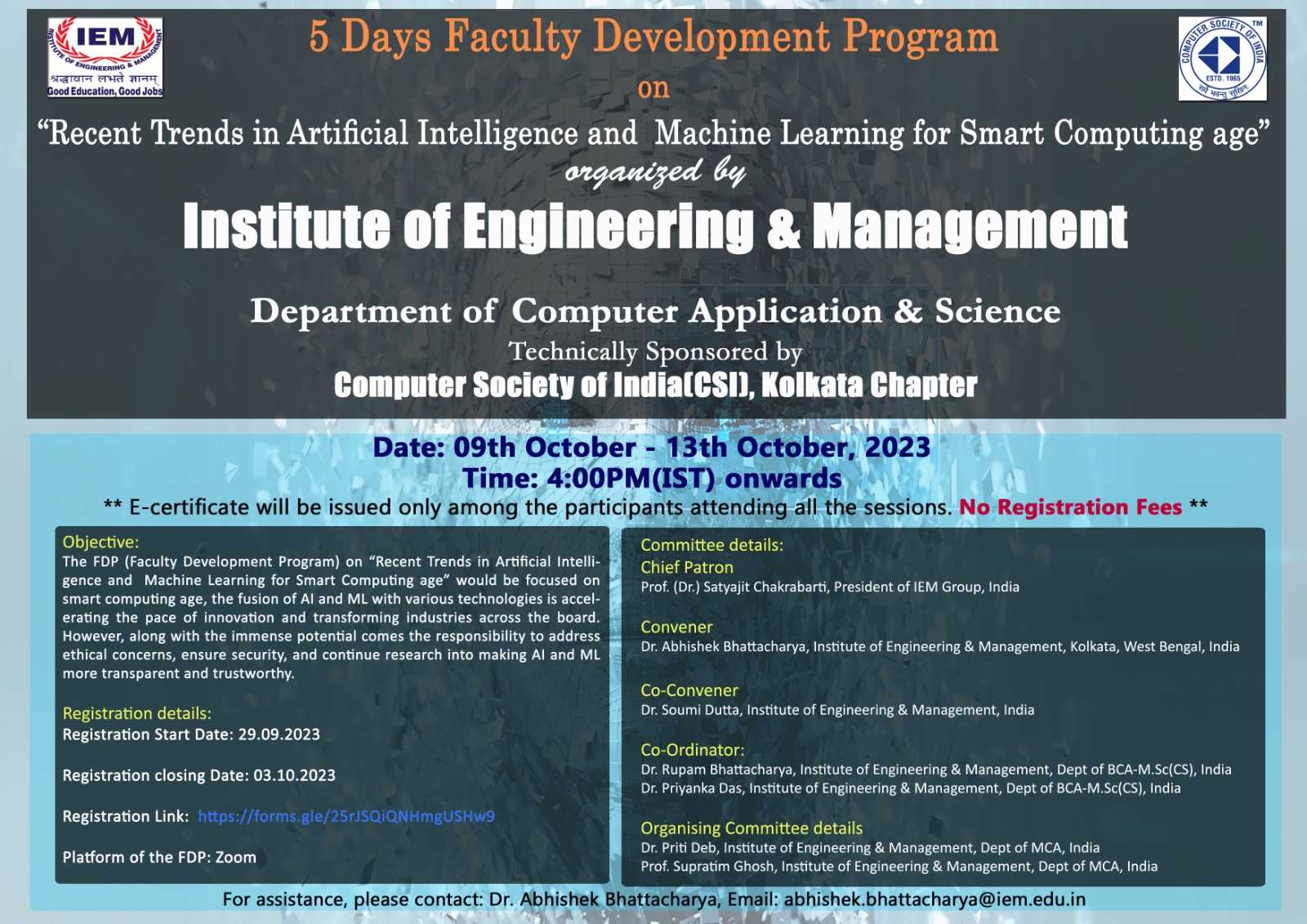 FDP On Recent Trends in Artificial Intelligence and Machine Learning for Smart Computing