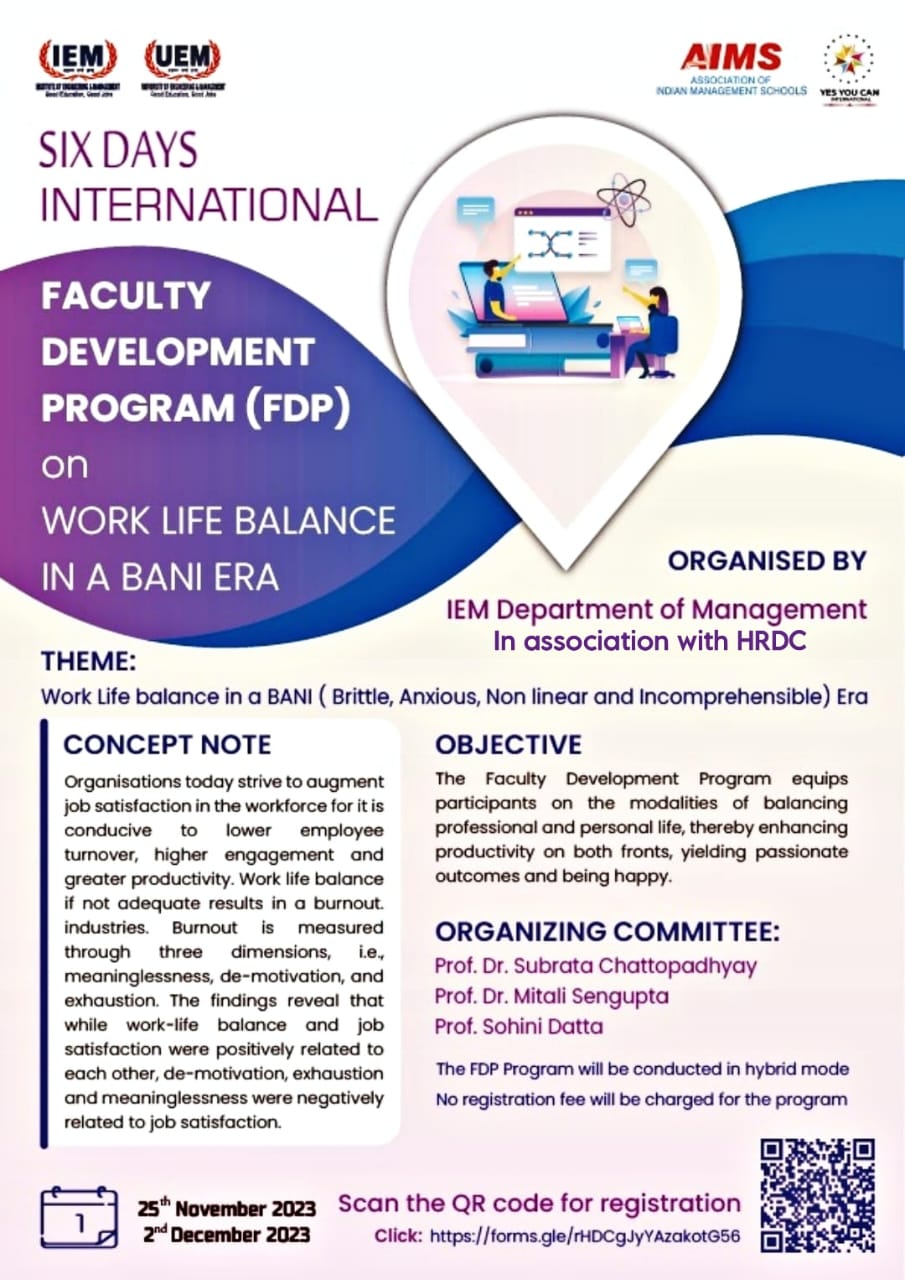International  Faculty Development Program (FDP)  on  Work-Life balance in a BANI Era.