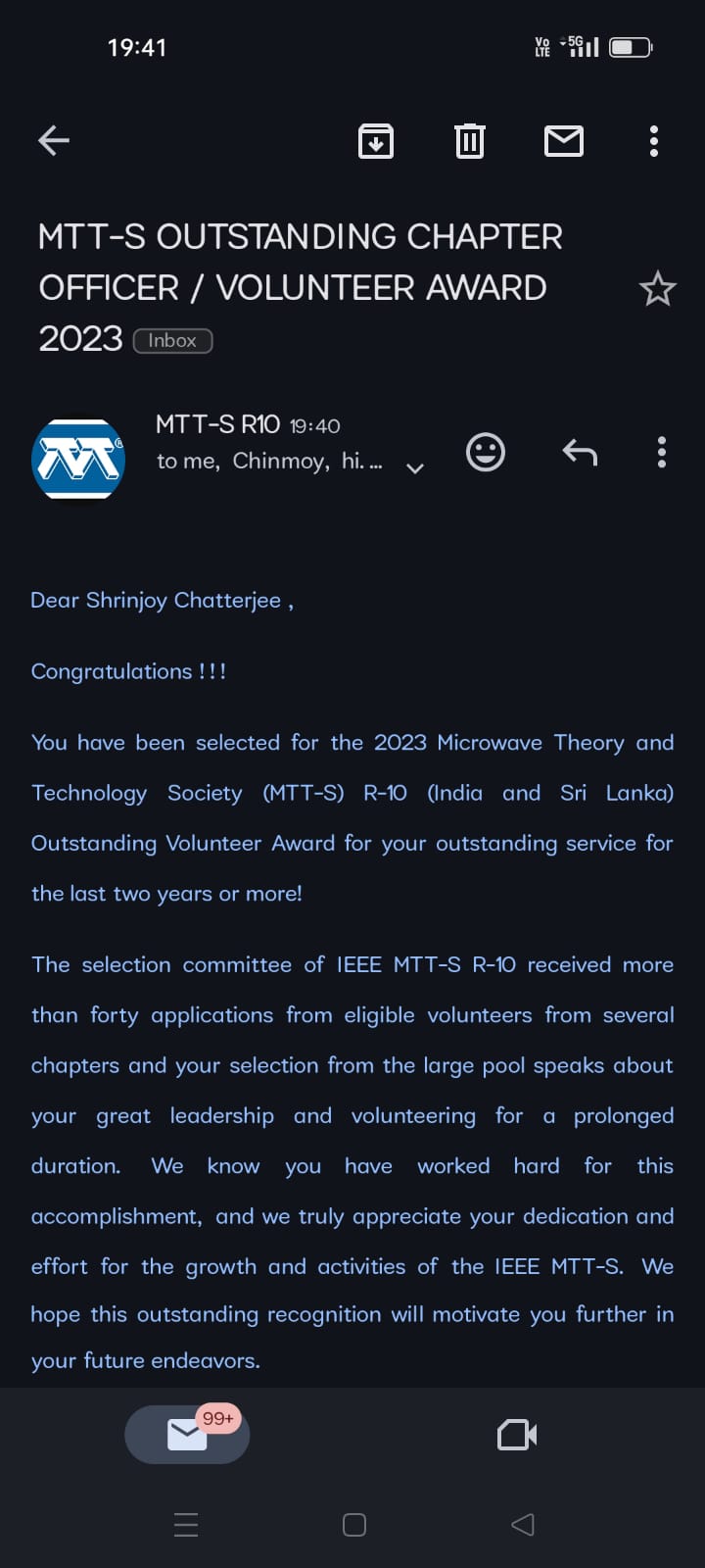 Students Achievement: Best outstanding volunteer award from MTTS chapter