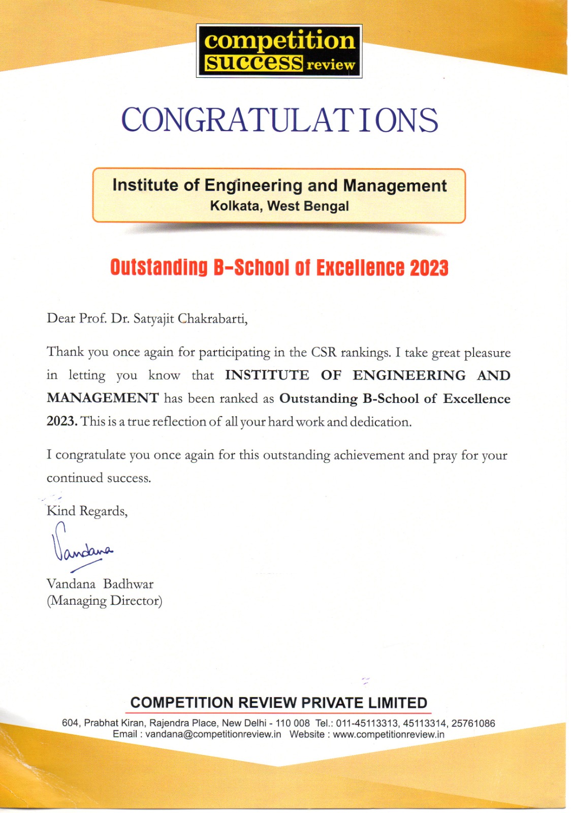 Outstanding B-school Award of  Excellence 2023